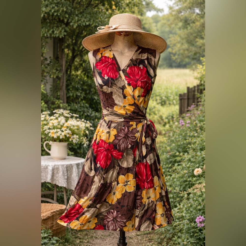 Vintage 1990s Cotton Hawaiian, Tropical Floral Wrap Dress in Red, Yellow & Brown